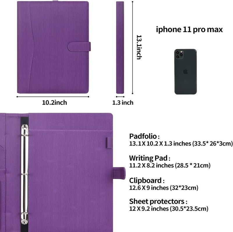 WONDERPOOL A4 PU Leather Portfolio Holder Ring File Document Case with Removable Binder Clipboard, Multi Pocket and Legal Pad for Business Organizer Interview and Meeting (Purple) - Image 3